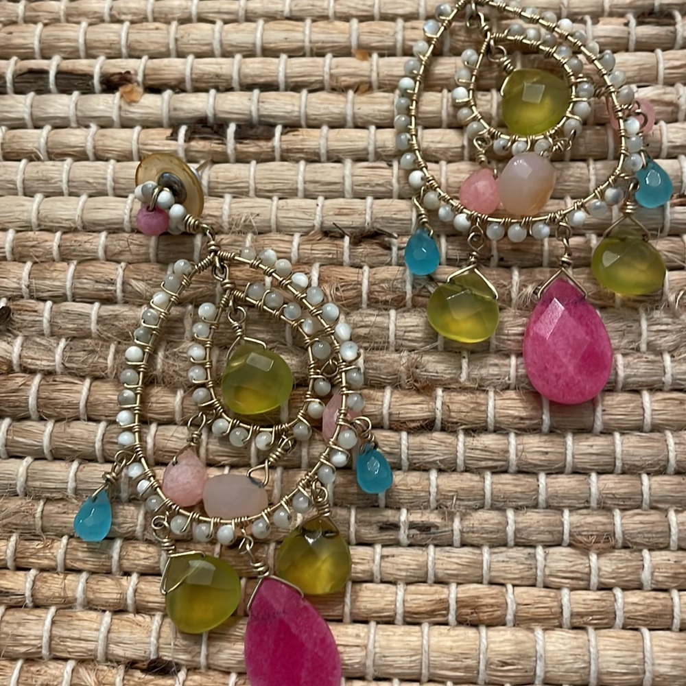 Vintage handmade beaded dangle earrings - new backs provided - multicolor stones